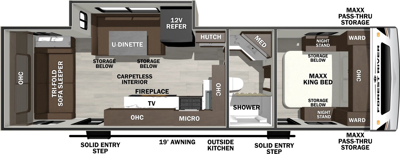 The Wildcat Travel Trailers 261RLX floorplan has two entries and one slide out. Exterior features include: fiberglass exterior, 19' awning and outside kitchen. Interiors features include: u-dinette, front bedroom and pass through bathroom.